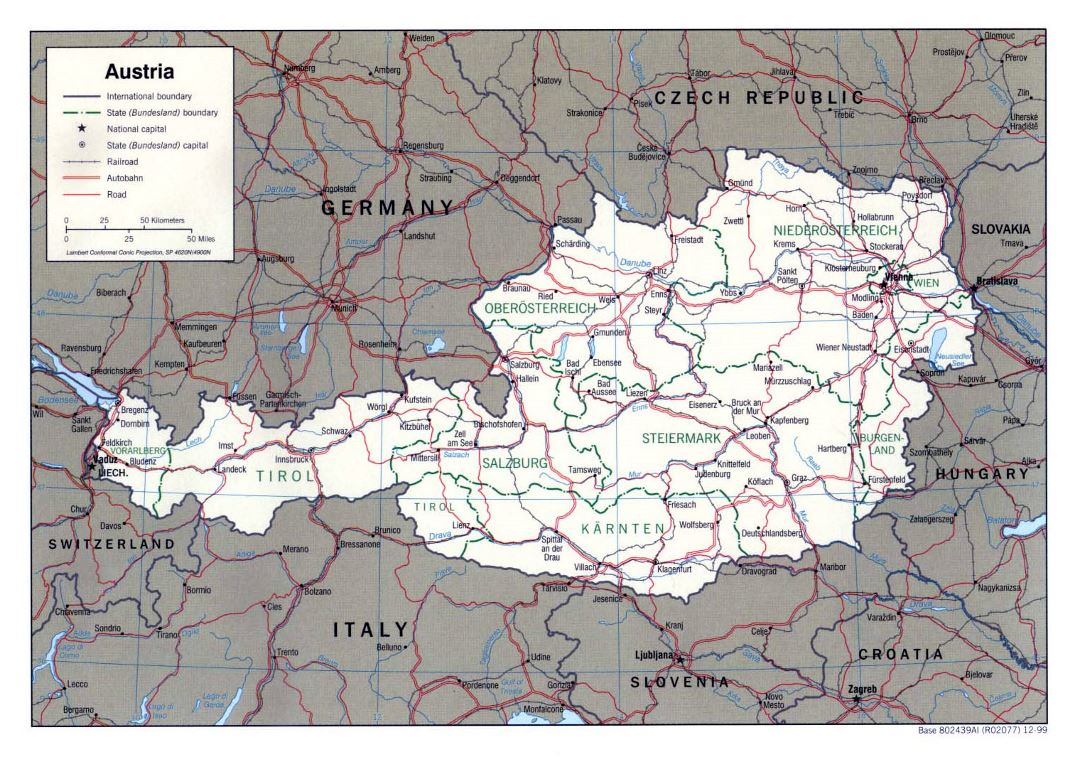 Large political and administrative map of Austria with roads and cities - 1999