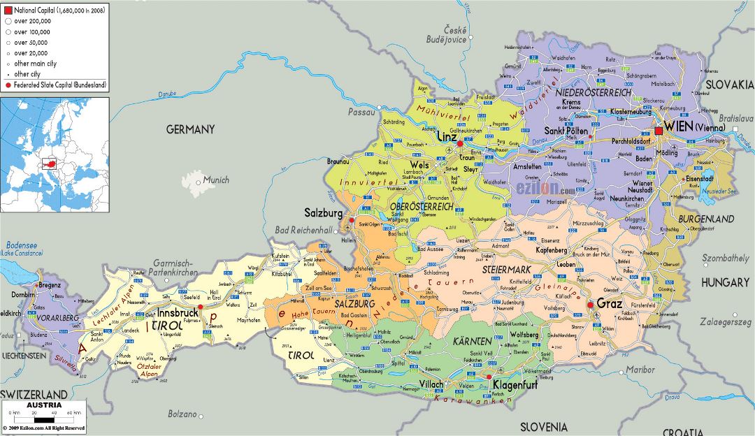 Large political and administrative map of Austria with roads, cities and airports