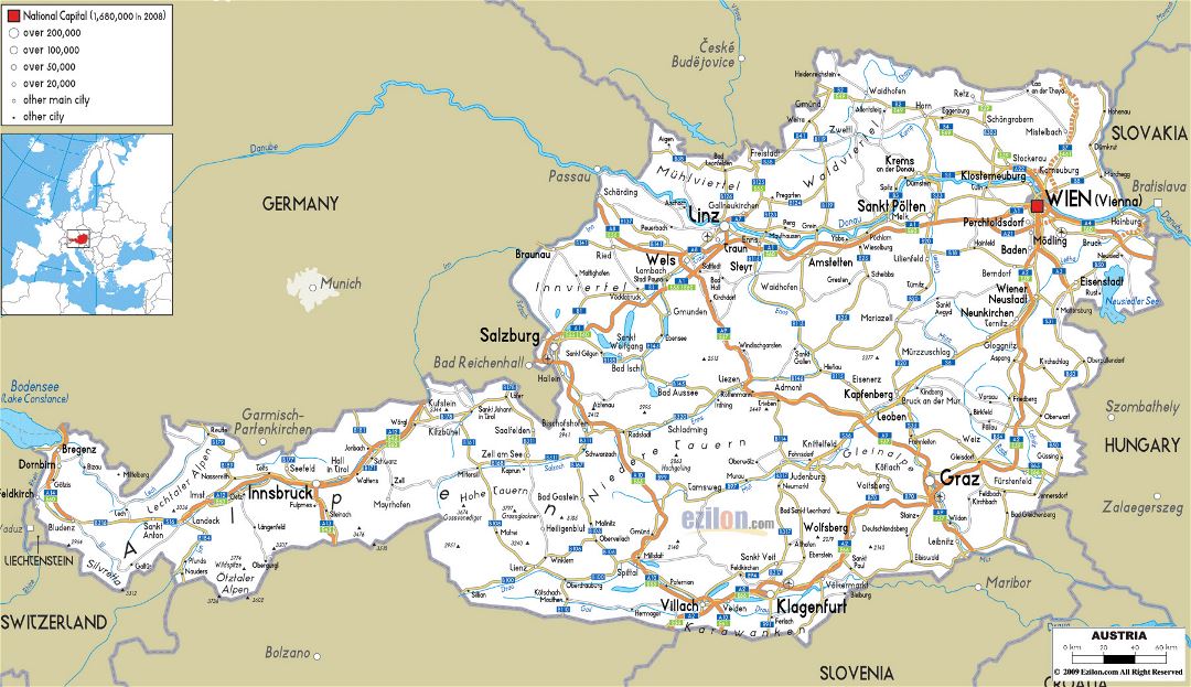 Large road map of Austria with cities and airports