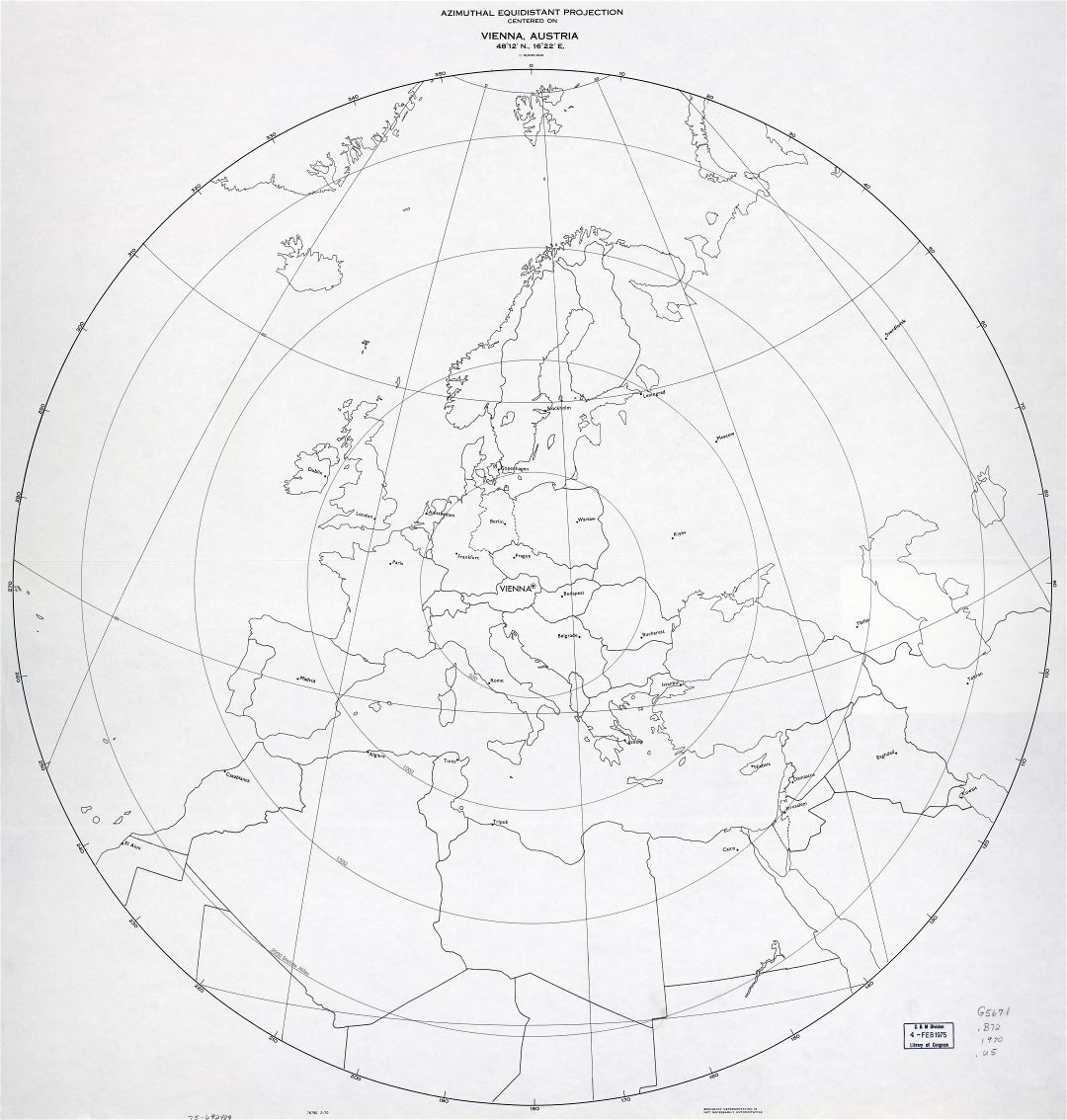 Large scale detail azimuthal equidistant projection map centered on Vienna, Austria - 1970