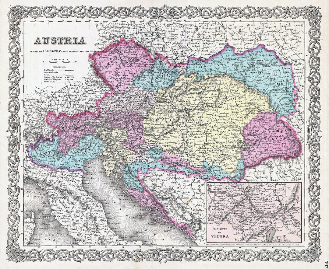 Large scale old political and administrative map of Austria with relief - 1855