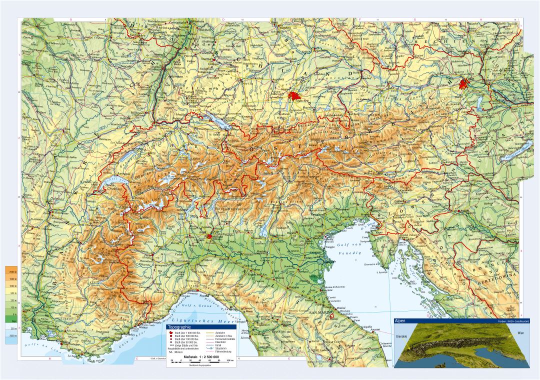 Large topographical map of Austria and neighboring countries with cities and roads