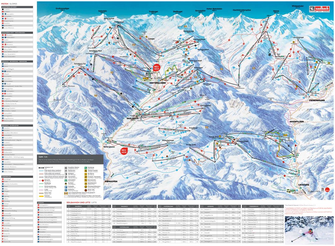 In high resolution piste map of Hinterglemm, Leogang, Fieberbrunn, Saalbach Ski Resort - 2016
