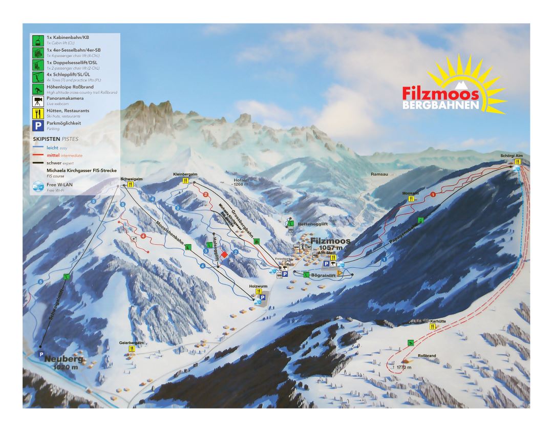 Large detailed piste map of Filzmoos, Neuberg - Salzburg Sportwelt Ski Resort