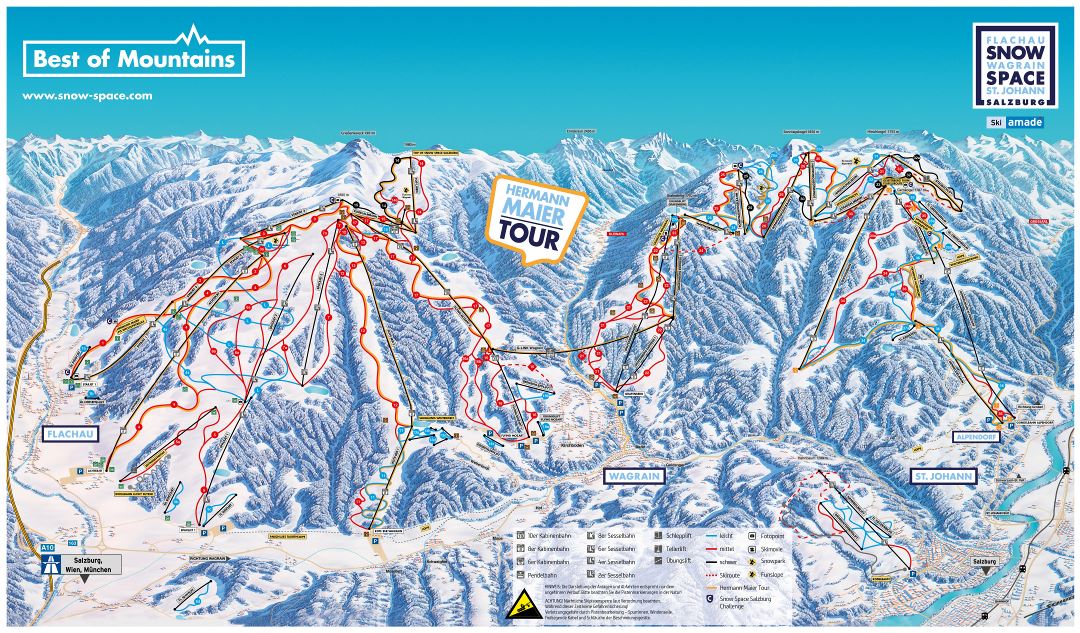 Large detailed piste map of Flachau, Wagrain, St. Johann, Alpendorf Ski Resorts - 2018