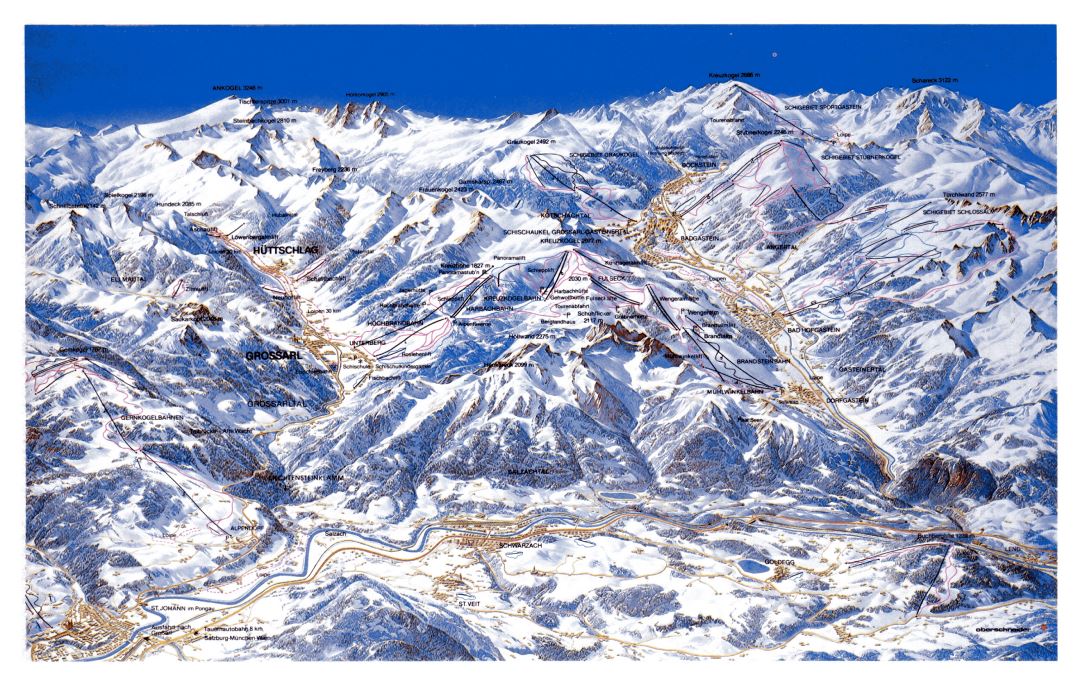 Large detailed piste map of Gastein Ski Resort - 1993