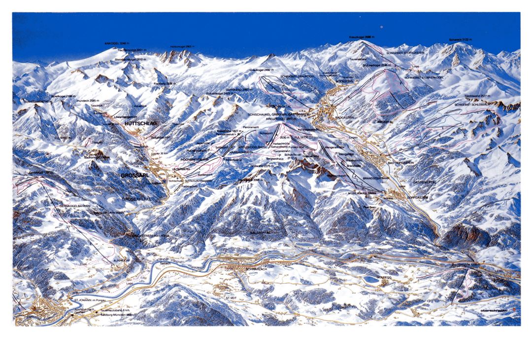 Large detailed piste map of Gastein Ski Resort - 1993