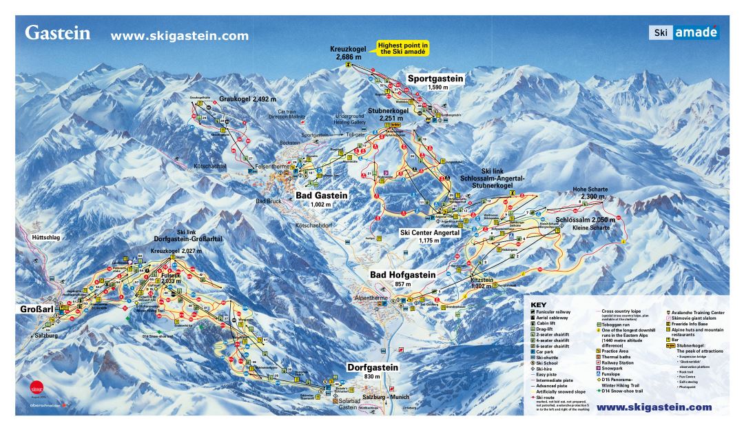Large detailed piste map of Gastein Ski Resort - 2018