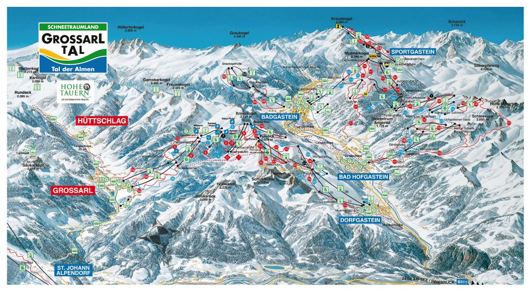 Large detailed piste map of Grossarltal Ski Resort - 2016