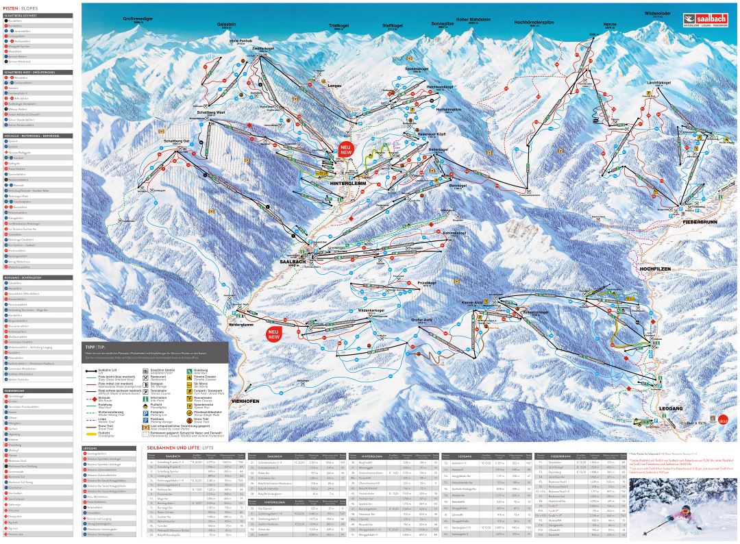Large detailed piste map of Hinterglemm, Leogang, Fieberbrunn, Saalbach Ski Resort - 2016