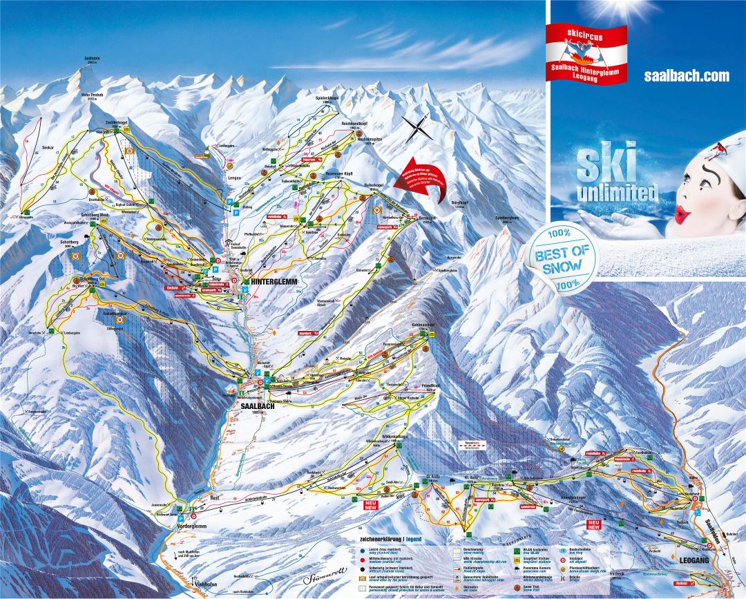 Large detailed piste map of Hinterglemm, Leogang, Saalbach - 2014