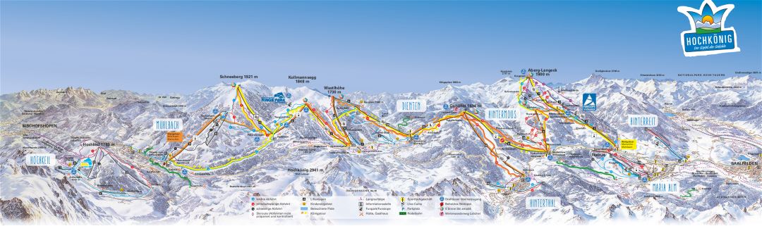 Large detailed piste map of Hochkeil, Muhlbach, Dienten, Hintermoos, Hinterthal, Hinterreit and Maria Alm, HochKonig Ski Area - 2015