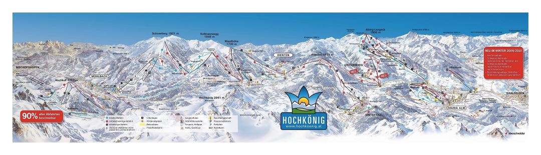 Large detailed piste map of Hochkeil, Muhlbach, Dienten, Hintermoos, Hinterthal, Hinterreit and Maria Alm, HochKonig Ski Resort - 2009