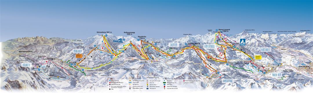 Large detailed piste map of Hochkeil, Muhlbach, Dienten, Hintermoos, Hinterthal, Hinterreit, Maria Alm - HochKonig Ski Resort - 2016