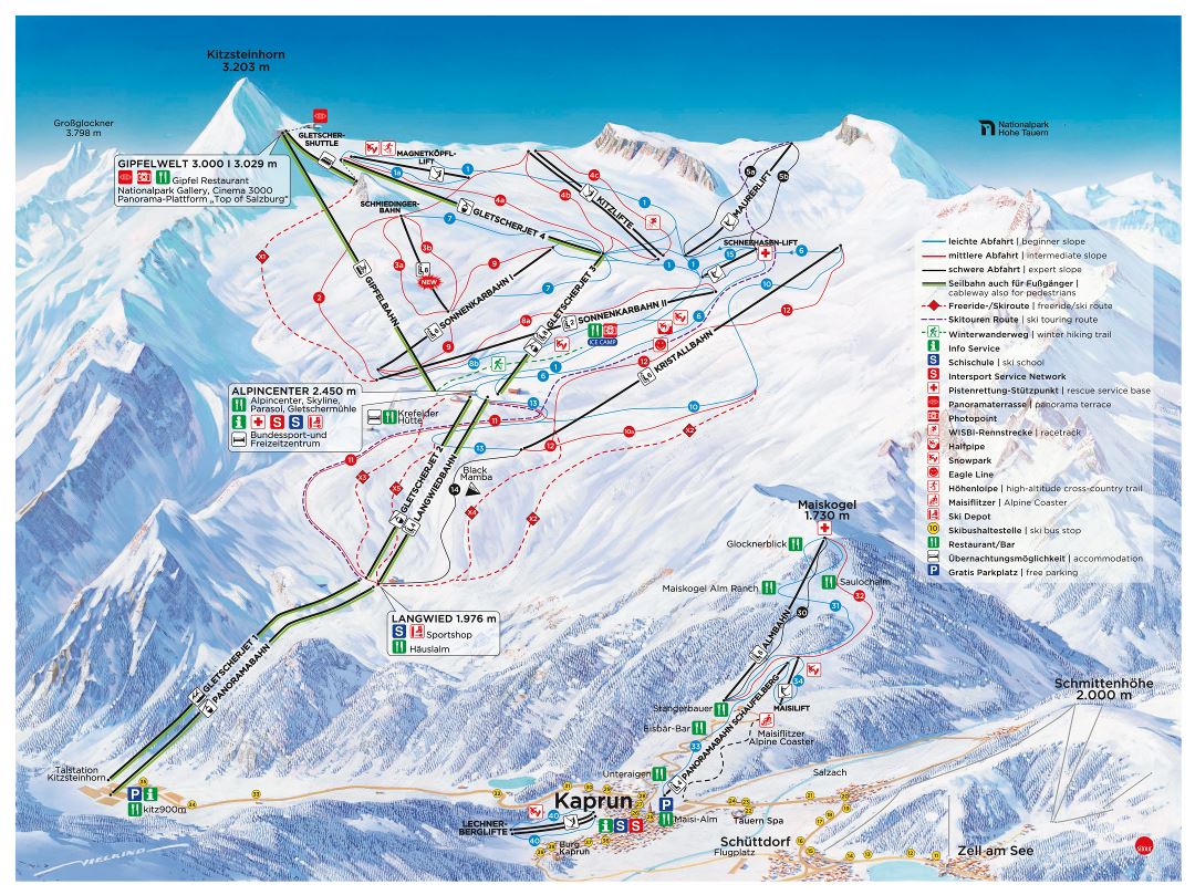 Large detailed piste map of Kaprun, Kitzsteinhorn Ski Resort - 2016