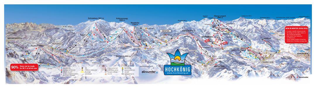 Large detailed piste map of Muhlbach, Dienten and Maria Alm, HochKonig Ski Region - 2009