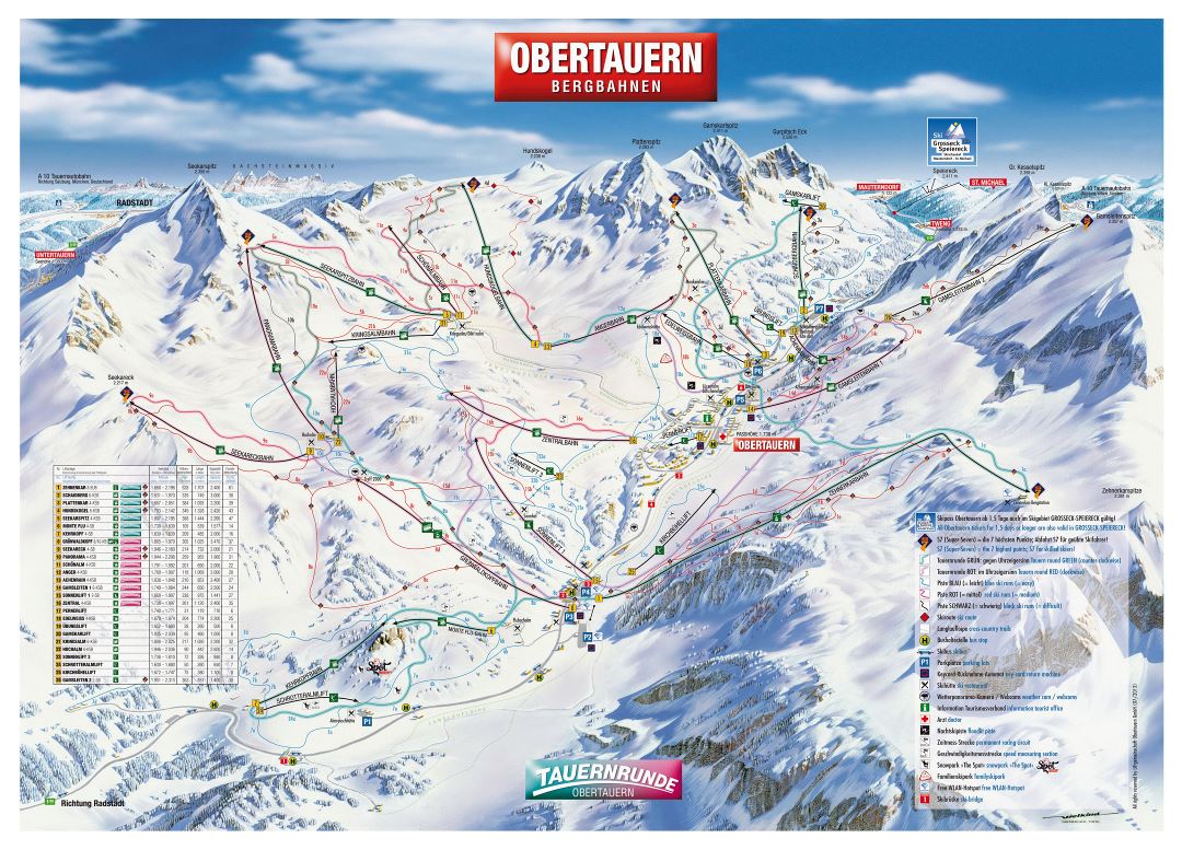 Large detailed piste map of Obertauern Ski Resort - 2013