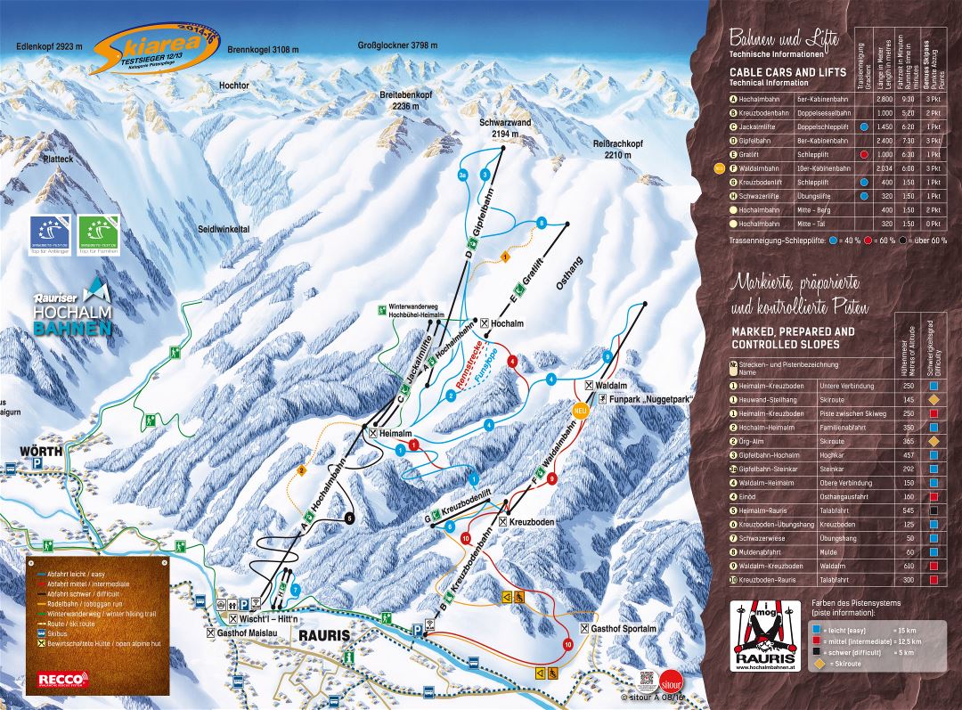 Large detailed piste map of Rauris Ski Resort - 2016