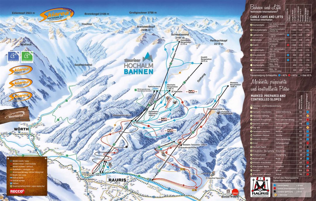 Large detailed piste map of Rauris Ski Resort - 2019