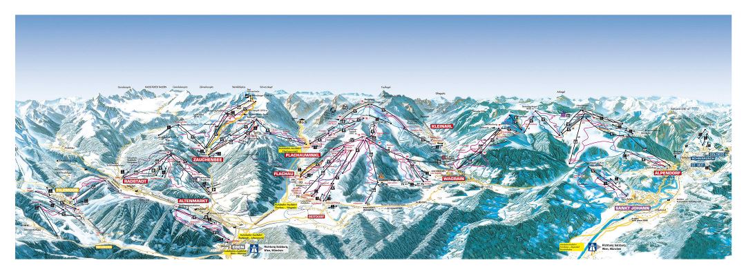 Large detailed piste map of Salzburg Sportwelt Ski Resort - 2018