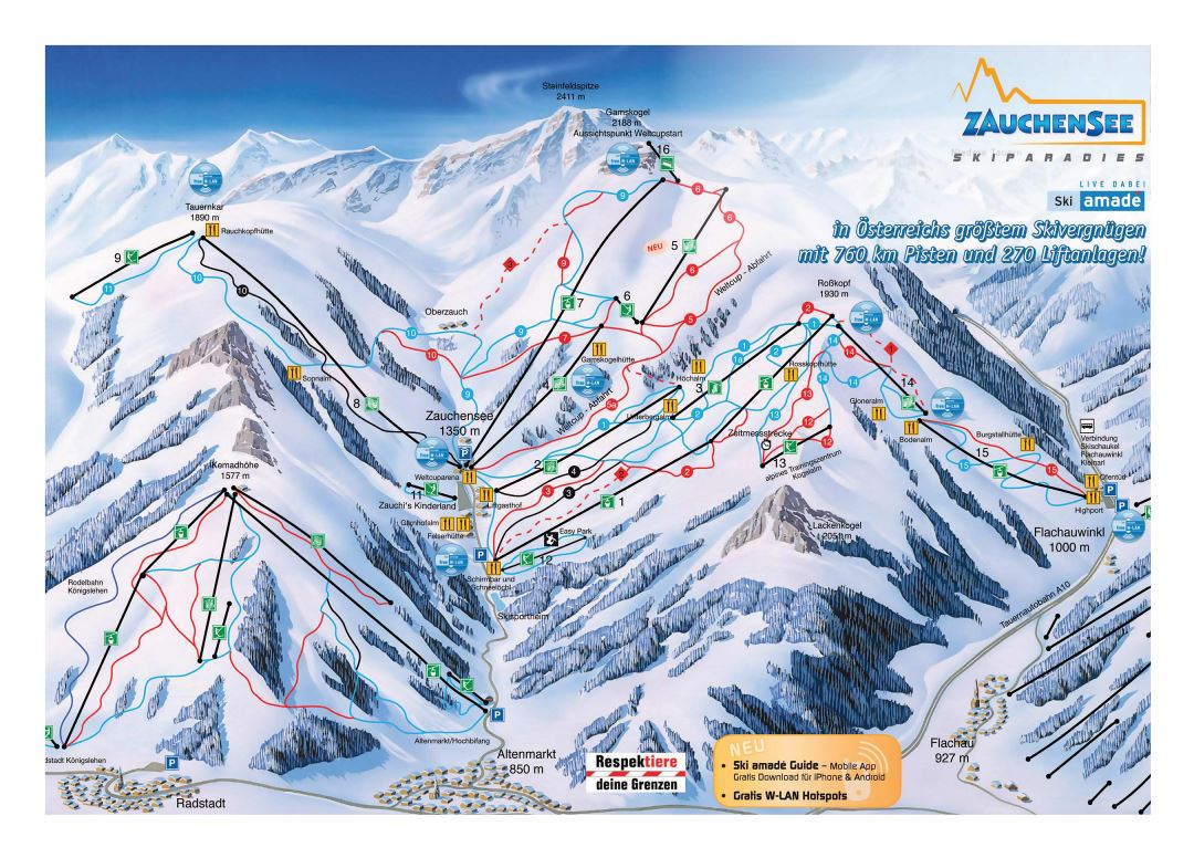 Large detailed piste map of Zauchensee, Flachauwinkl, Radstadt, Altenmarkt, Flachau - Salzburg Sportwelt Ski Resort