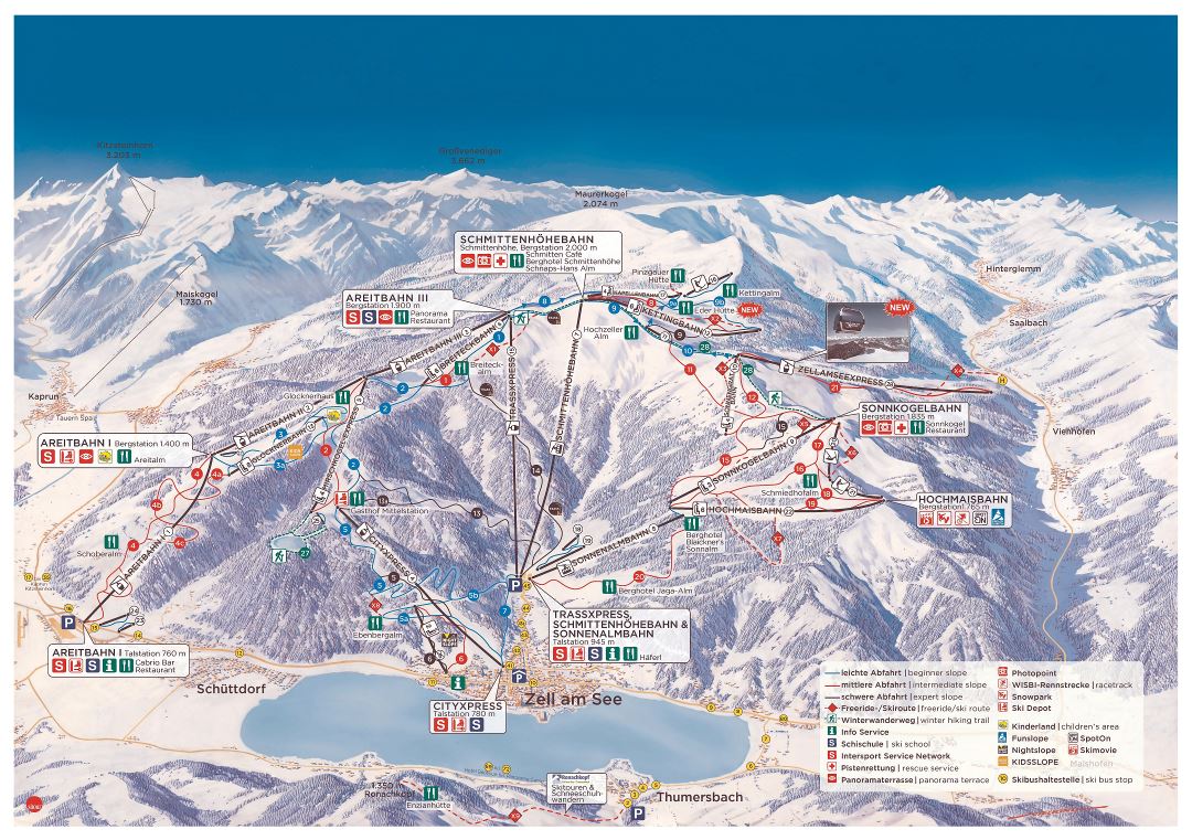 Large detailed piste map of Zell am See, Schmitten Ski Resort - 2016