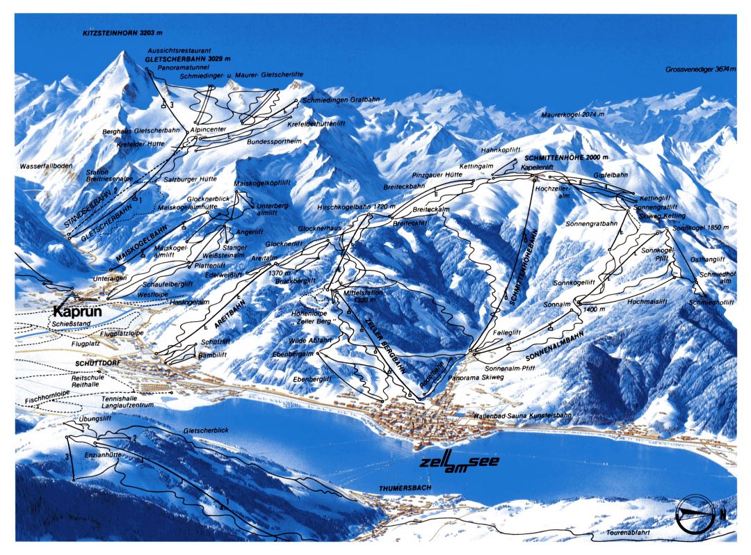 Large piste map of Kaprun and Zell am See Ski Resorts - 1983