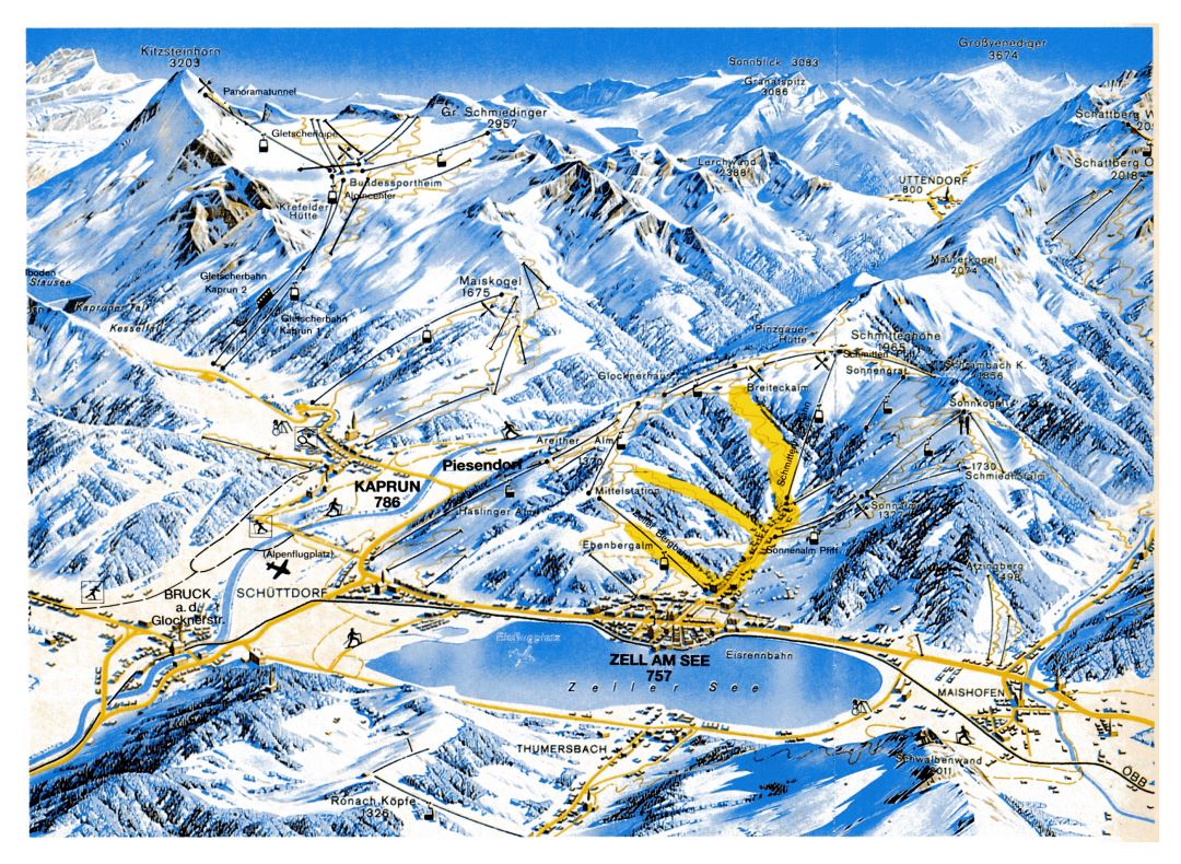 Large piste map of Kaprun (Kitzsteinhorn) - Zell am See (Schmitten) Ski Resorts - 1993