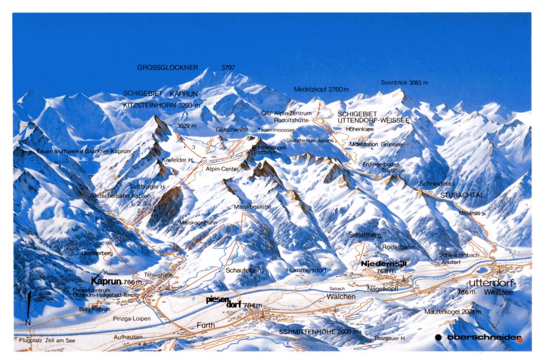 Large piste map of Kaprun, Piesendorf, Niedernsill, Uttendorf - 1993