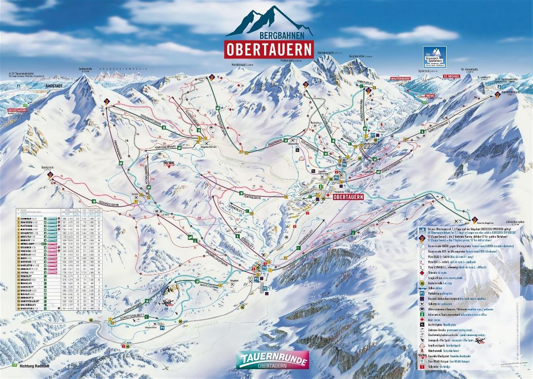 Large piste map of Obertauern Ski Resort - 2015