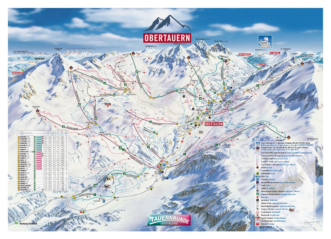 Large piste map of Obertauern Ski Resort - 2016