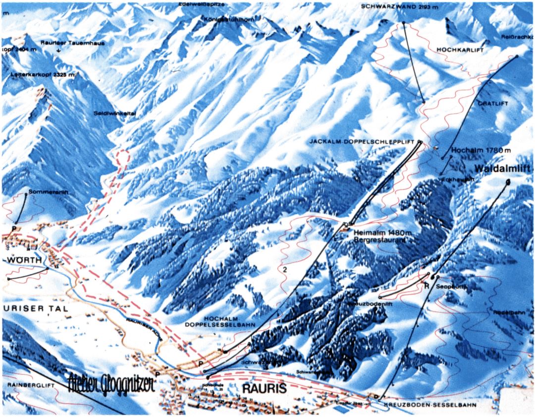 Large piste map of Rauris Ski Resort - 1985