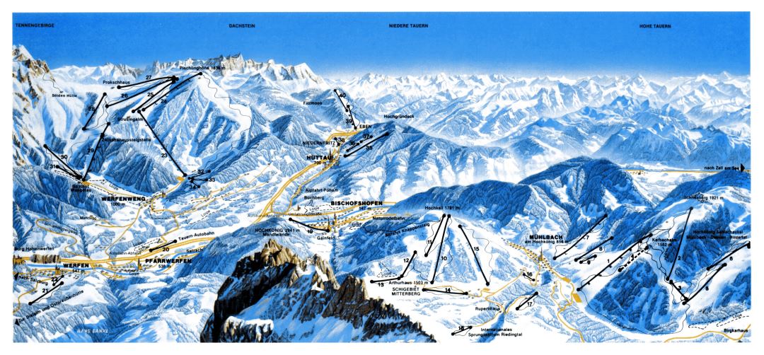 Large piste map of Werfen, Werfenweng, Pfarrwerfen, Huttau, Bischofshofen and Muhlbach resorts - 1983