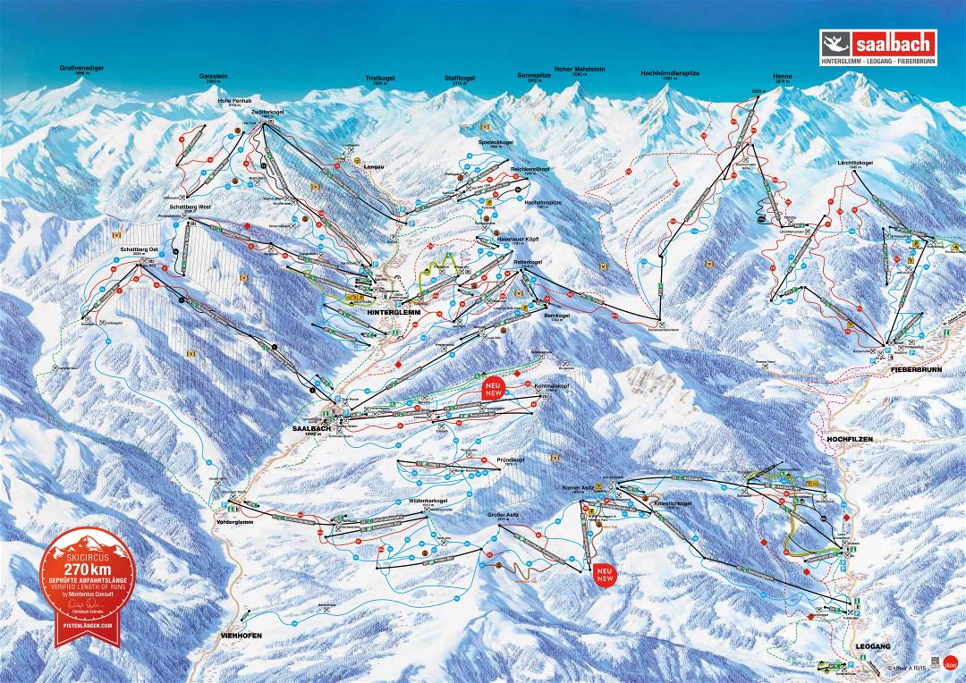 Large scale piste map of Hinterglemm, Leogang, Fieberbrunn, Saalbach, Viehhofen, Hochfilzen, Ski Circus Ski Resort - 2018-2019