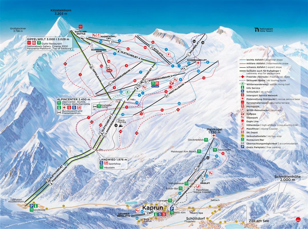 Large scale piste map of Kaprun, Kitzsteinhorn Ski Resort - 2016