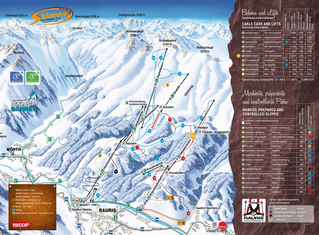 Large scale piste map of Rauris Ski Resort - 2016