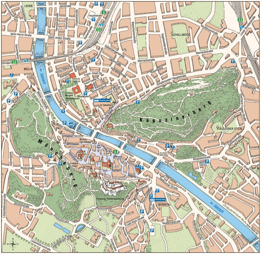 Large tourist map of Salzburg city center