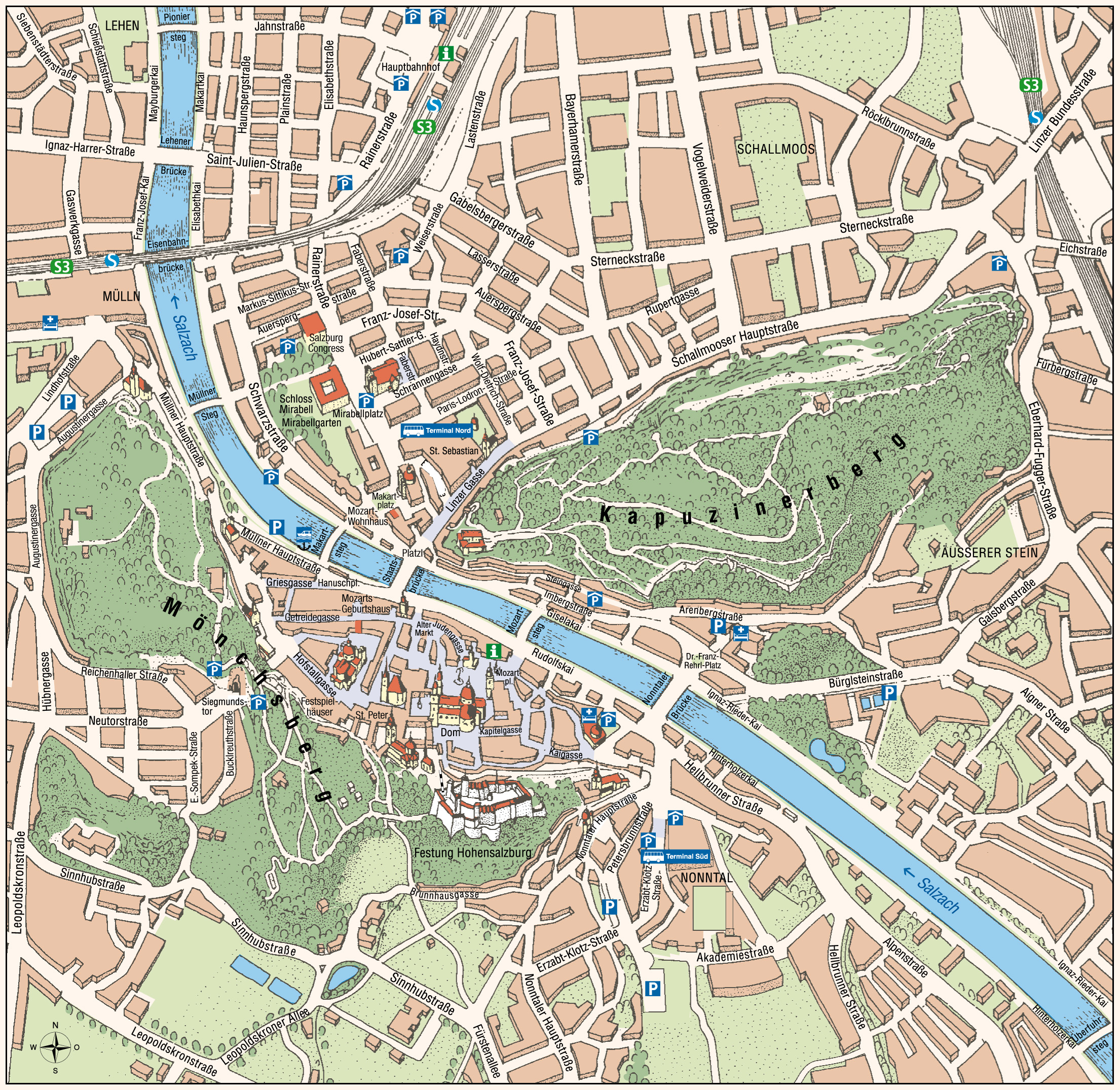 Large Tourist Map Of Salzburg City Center Salzburg Salzburg Austria Europe Mapsland Maps Of The World