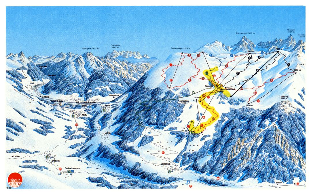 Detailed piste map of HochZeiger Ski Resort - 1990