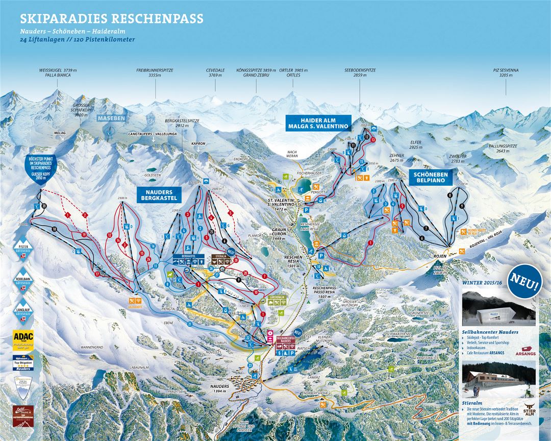 Detailed piste map of Nauders Ski Resort - 2015