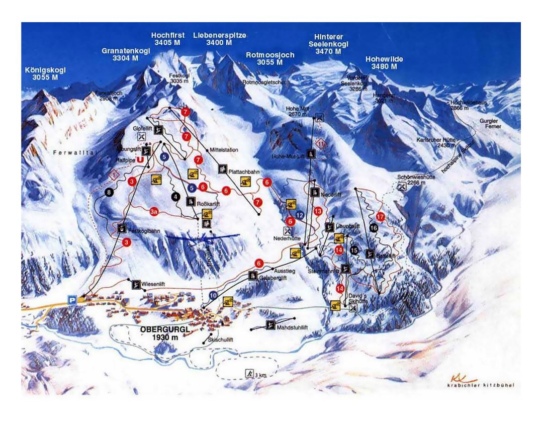 Detailed piste map of Obergurgl - 1996