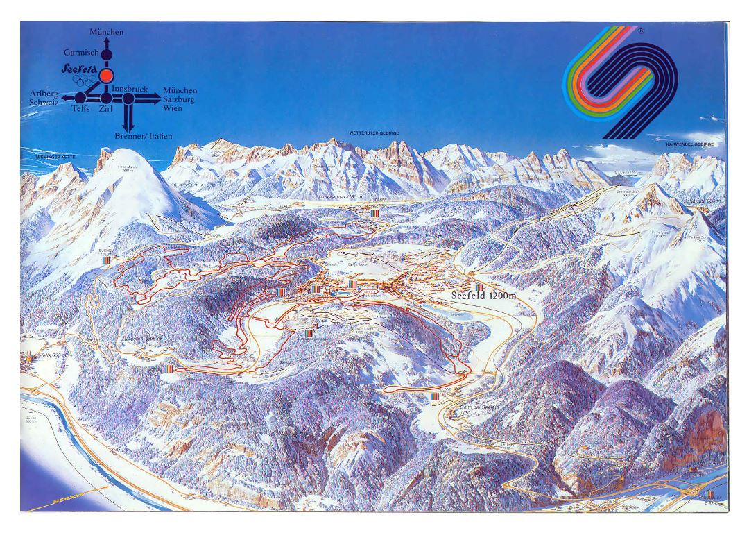 Detailed piste map of Seefeld Ski Resort - 1984