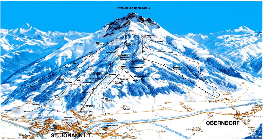 Detailed piste map of St. Johann in Tirol and Oberndorf - 1983