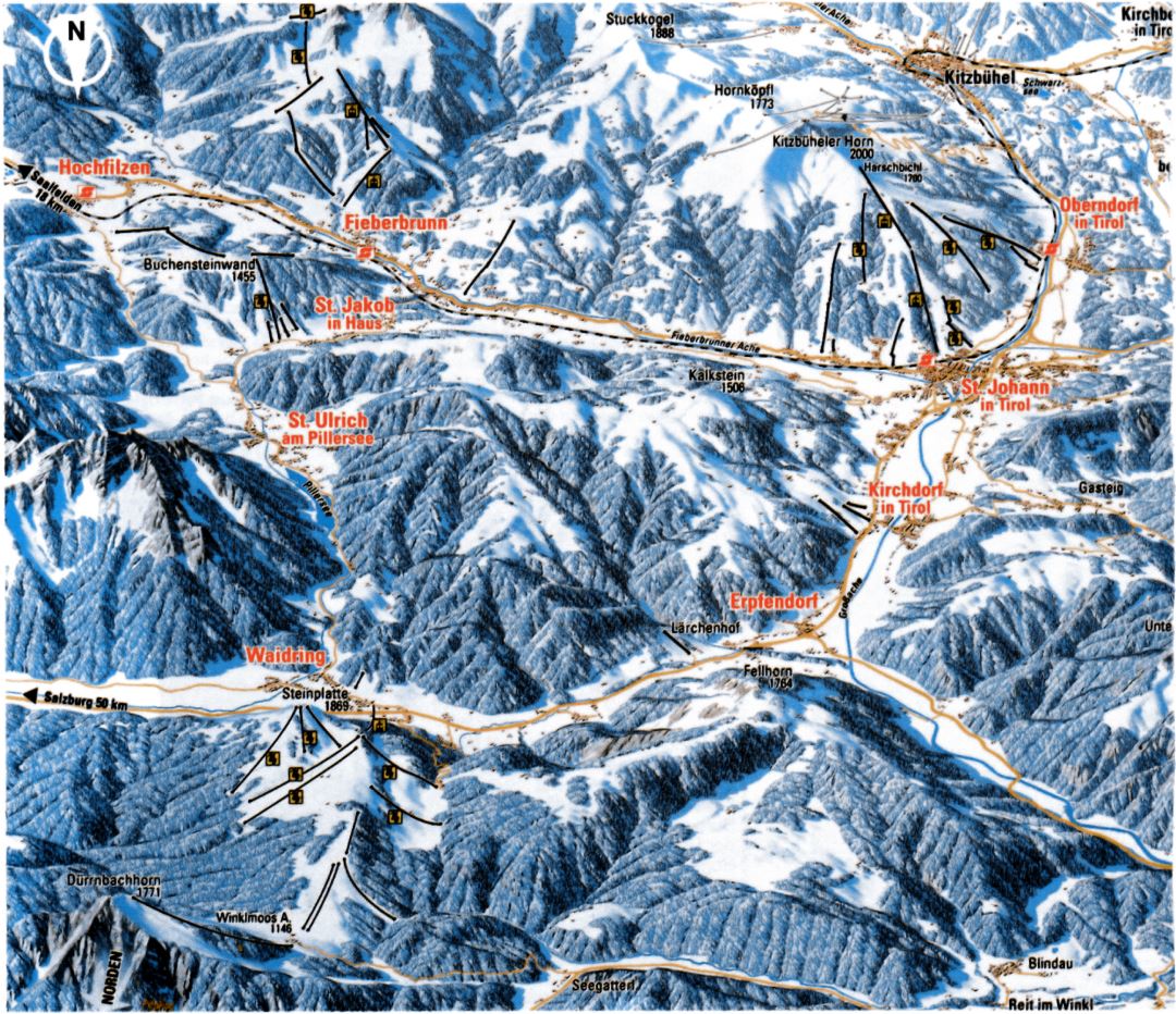 Detailed ski area map of St. Johann in Tirol, Oberndorf, Kirchdorf, Erpfendorf, Waidring, St. Ulrich, St. Jakob, Fieberbrunn and Hochfilzen - 2002