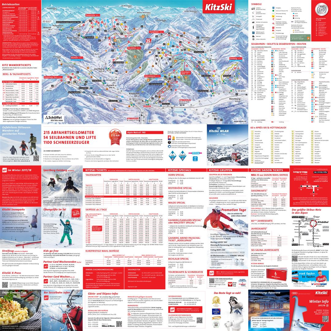 Large detailed guide and piste map of Kitzbuhel, KitzSki - 2017-2018