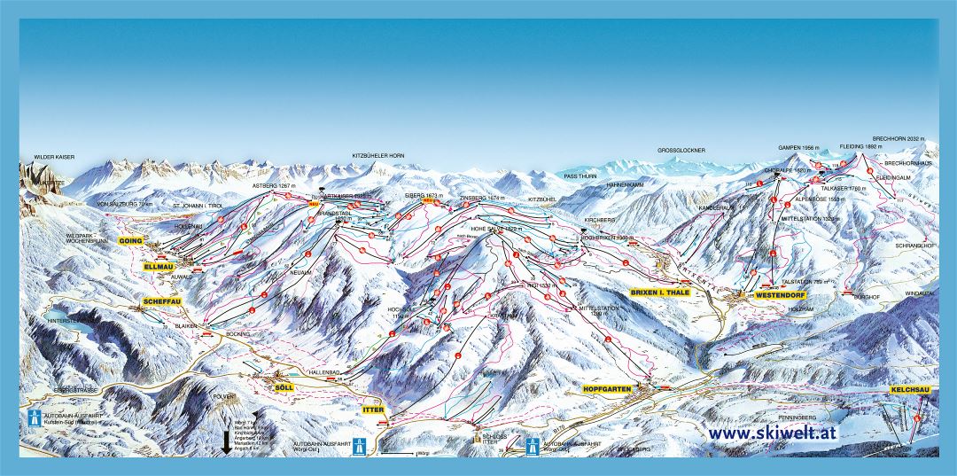 Large detailed panoramic piste map of SkiWelt Ski Resort area