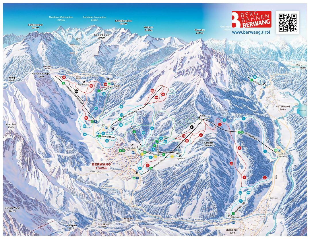 Large detailed piste map of Berwang (Bergbahnen), Zugspitz Arena Ski Resort