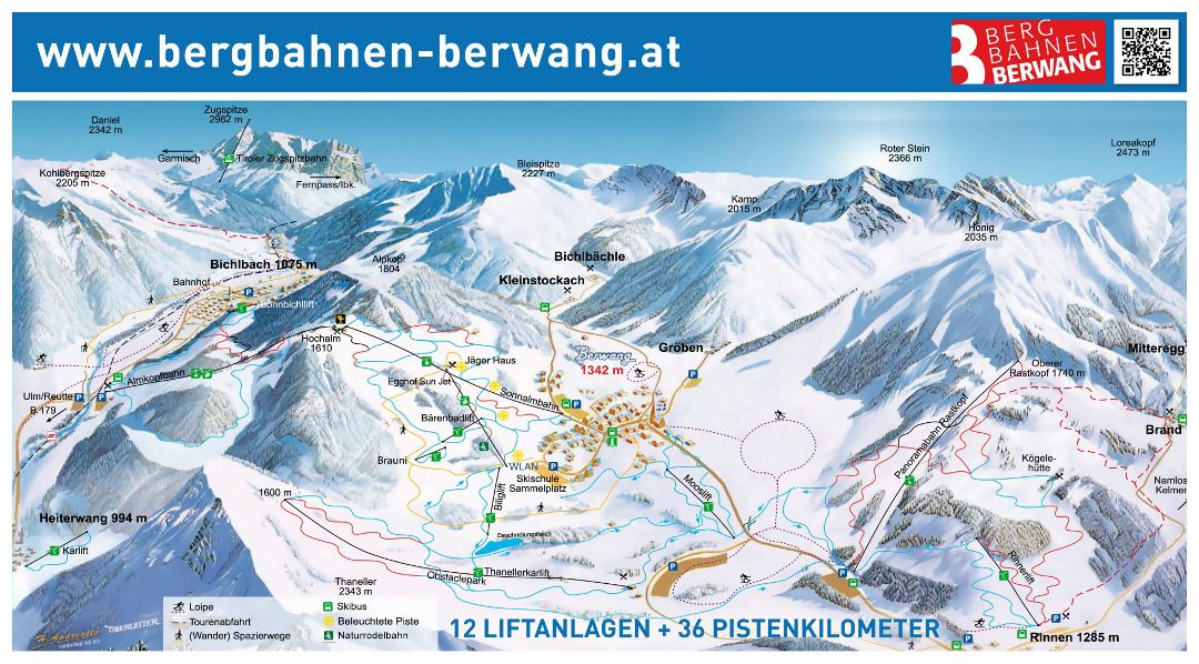 Large detailed piste map of Berwang, Zugspitz Arena Ski Resort