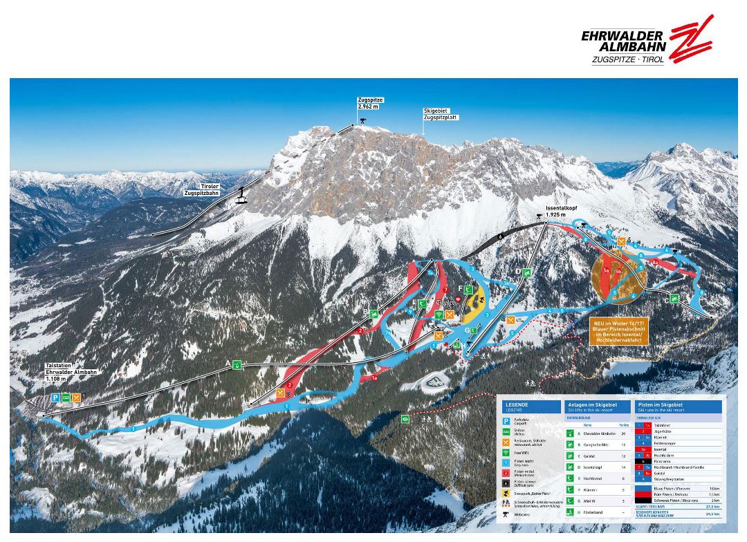 Large detailed piste map of Ehrwalder Alm, Zugspitz Arena Ski Resort