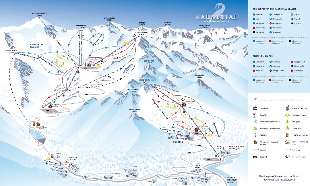 Large detailed piste map of Gletscher-Fendels, Kaunertal Ski Resort - 2009